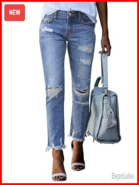 Women's Ripped Straight Leg Jeans Distressed Boyfriend Denim Pants